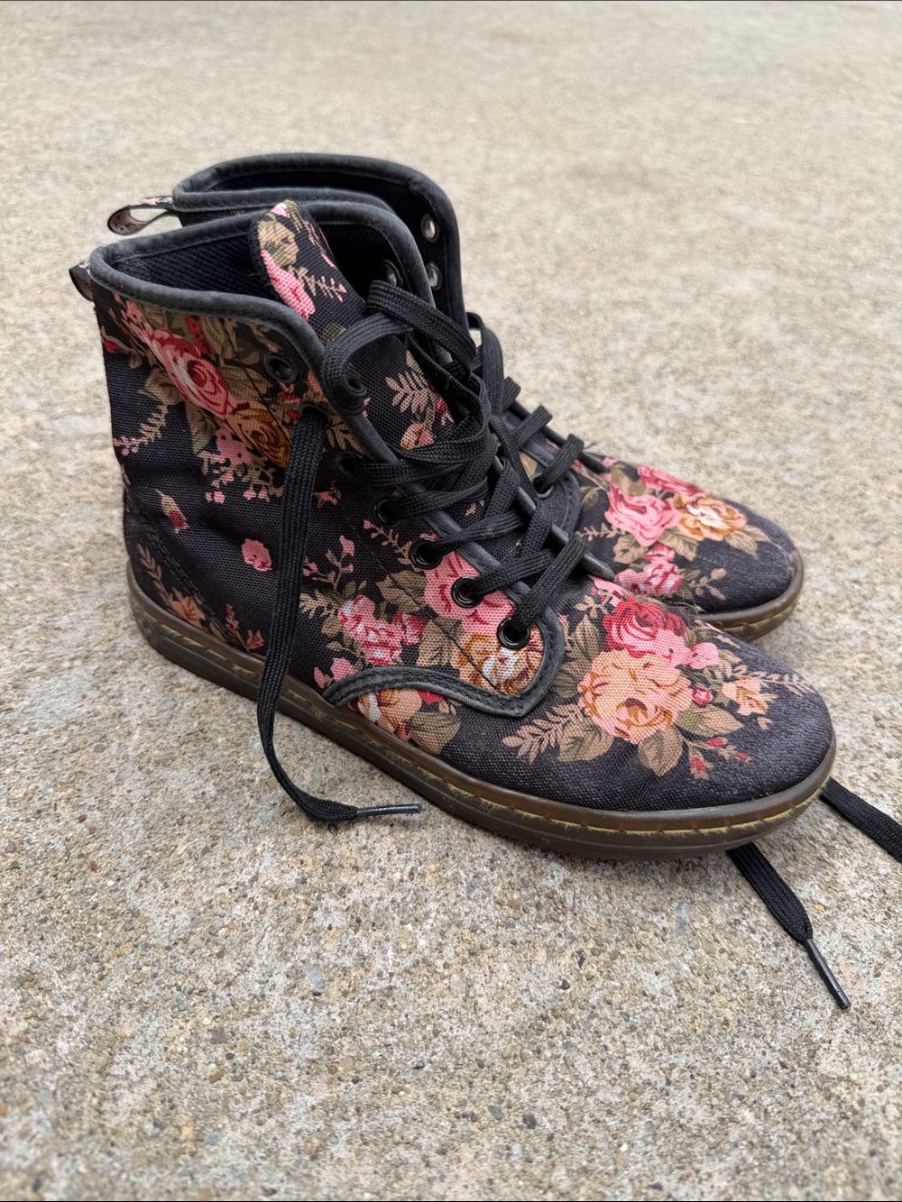 Doc Martens Floral Canvas Lace-Up Ankle Boots - Black with Pink Rose Print